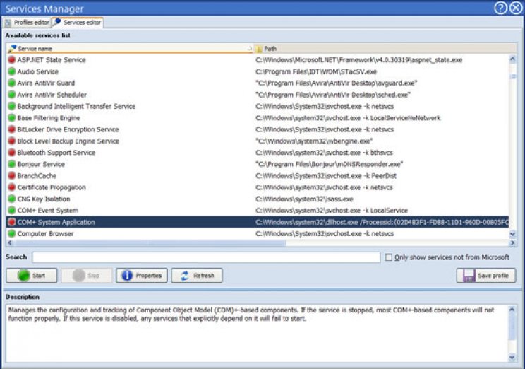 A programnak a Windows szolgáltatások kezelése sem jelent gondot.