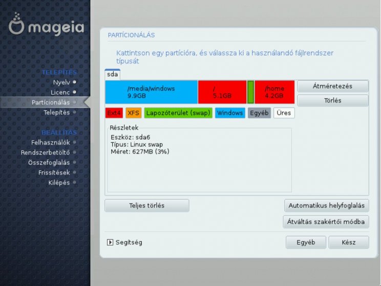 Egyéni particionálás lehetősége, ha Windows mellé telepítünk.
